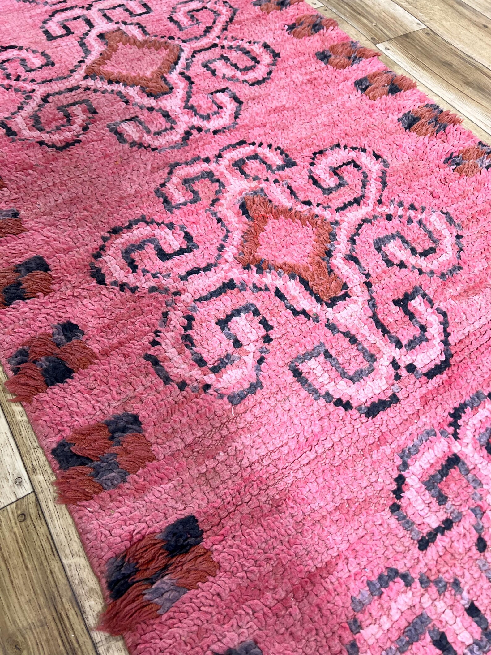 Amazigh Berber Pink Spiral Vintage Hand Knotted Wool Runner Rug