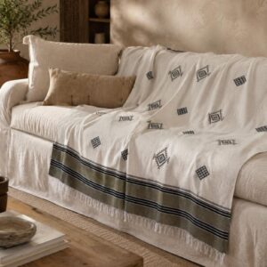 Amazigh Handwoven Cotton Blanket with Olive Border Bedspread Cover