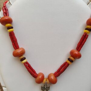 Berber Amazigh Souss Necklace with Synthetic Amber Beads and Plated Pendant