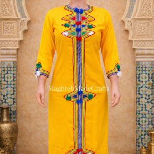 Amazigh Berber Embroidered Kaftan with Geometric Embroidery and Colorful Tassels