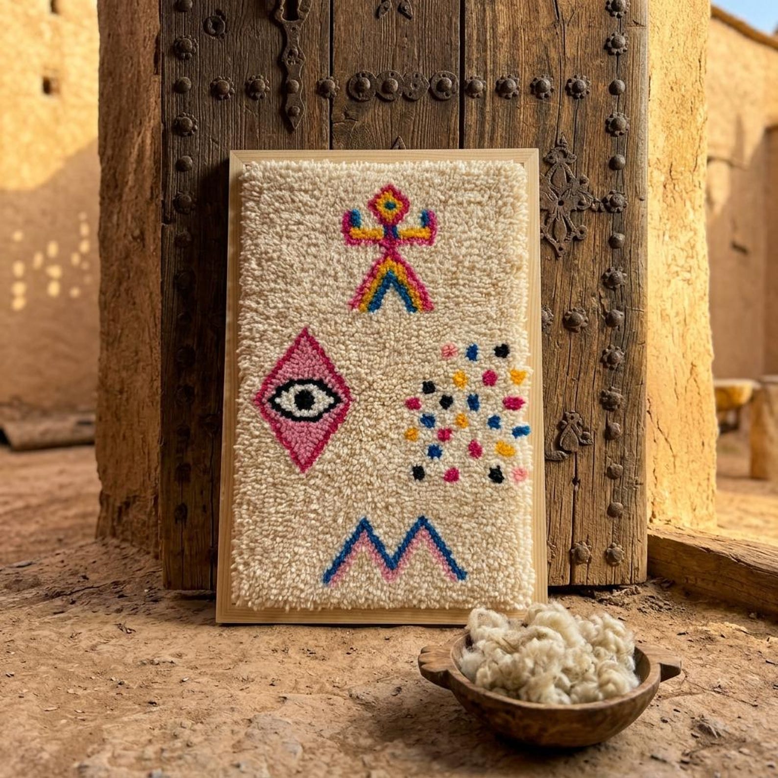 Berber Amazigh Knotted Wool Tapestry Protective Eye Symbol Wall Art