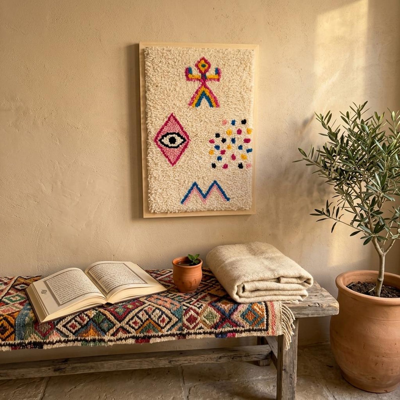 Berber Amazigh Knotted Wool Tapestry Protective Eye Symbol Wall Art