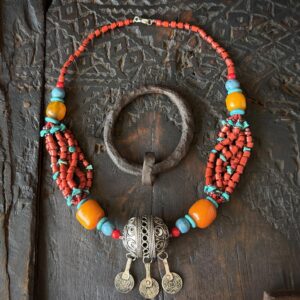 Amazigh Berber Tagmout Necklace with Coral Turquoise Copal Beads