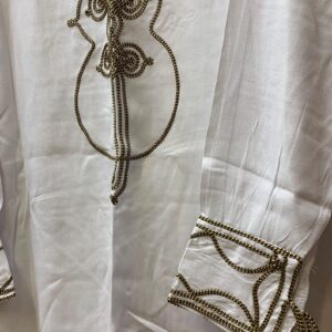 Amazigh Elegant Women’s Tunic with Gold Brown Embroidery White Cotton