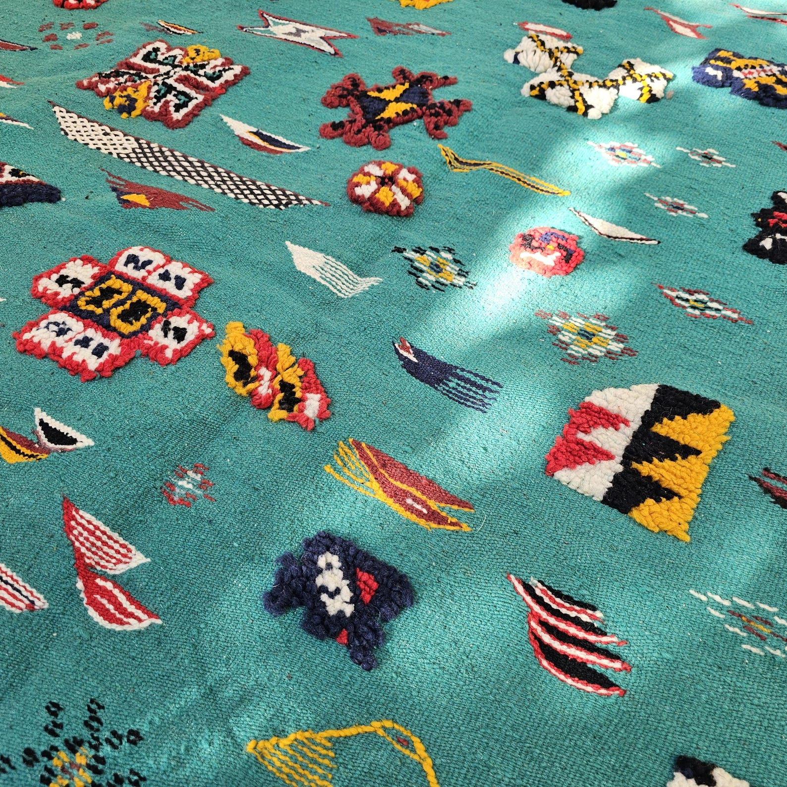 Amazigh Berber Colorful Teal Wool Rug with Tribal Symbols