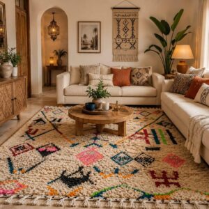 Colorful Berber Amazigh Azilal Beni Ourain Wool Rug Tribal Design