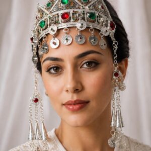 Amazigh Berber Bridal Headband with Silver Green Red Stones