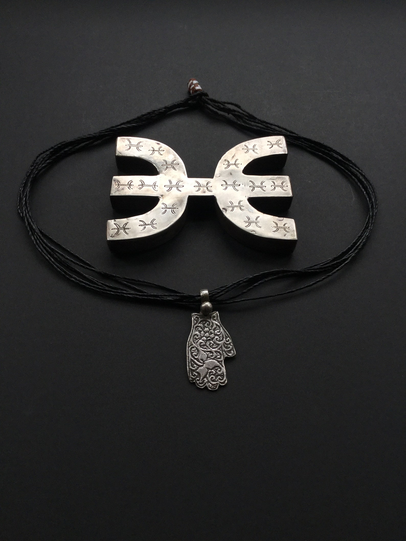 Amazigh Berber Khamsa Hamsa Hand Amulet Necklace with Tuareg Cord
