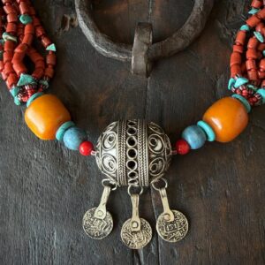 Amazigh Berber Tagmout Necklace with Coral Turquoise Copal Beads