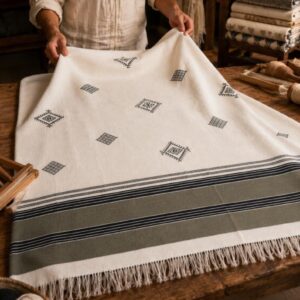 Amazigh Handwoven Cotton Blanket with Olive Border Bedspread Cover
