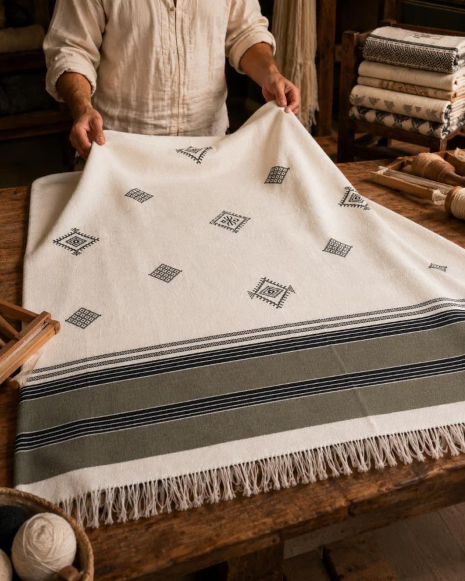 Amazigh Handwoven Cotton Blanket with Olive Border Bedspread Cover
