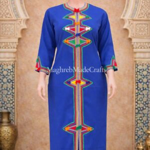 Amazigh Berber Embroidered Kaftan with Geometric Embroidery and Colorful Tassels