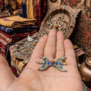Handmade Tiznit Silver Amazigh Pendant Necklace with Berber Enamel Coral Design