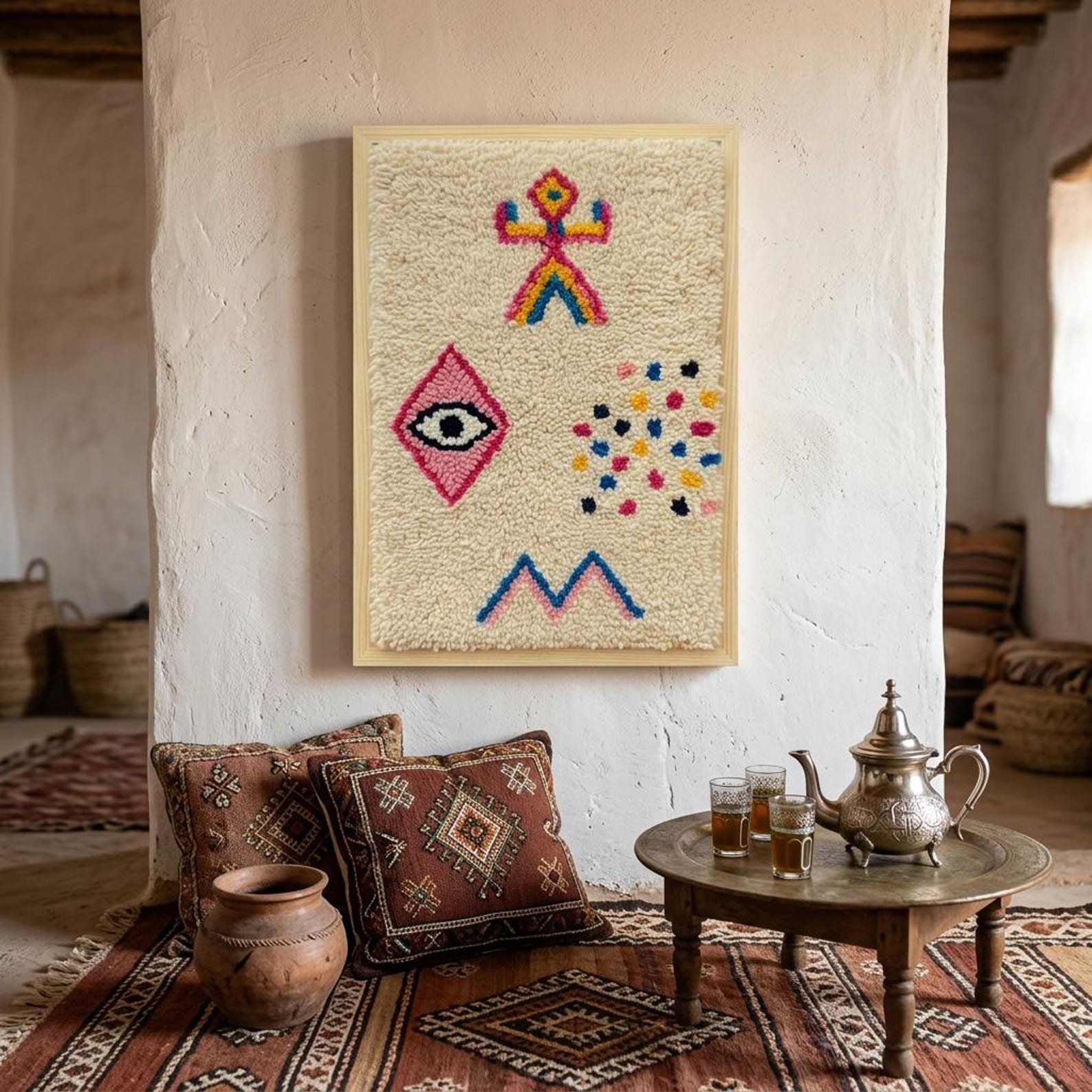 Berber Amazigh Knotted Wool Tapestry Protective Eye Symbol Wall Art
