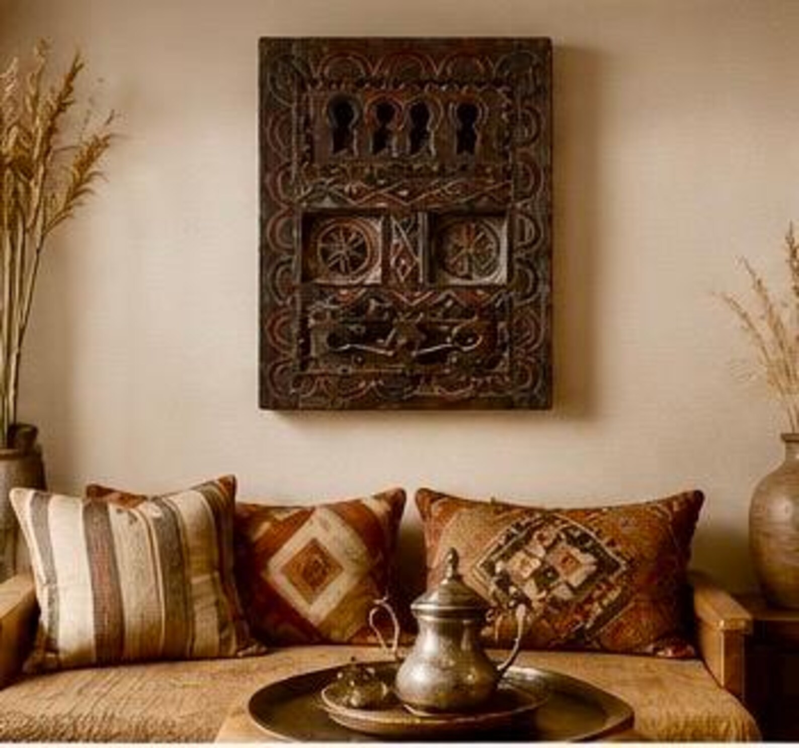Amazigh Berber Hand Carved Wooden Door Wall Art Panel