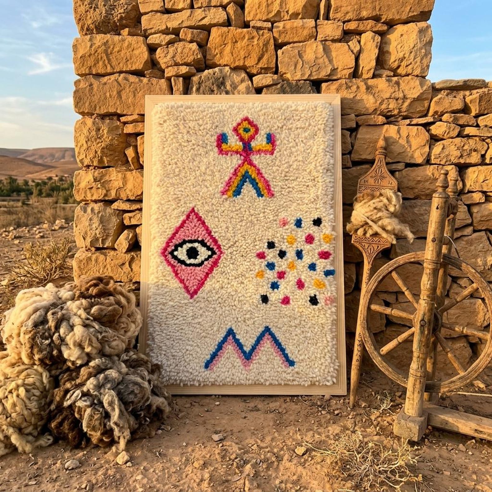 Berber Amazigh Knotted Wool Tapestry Protective Eye Symbol Wall Art