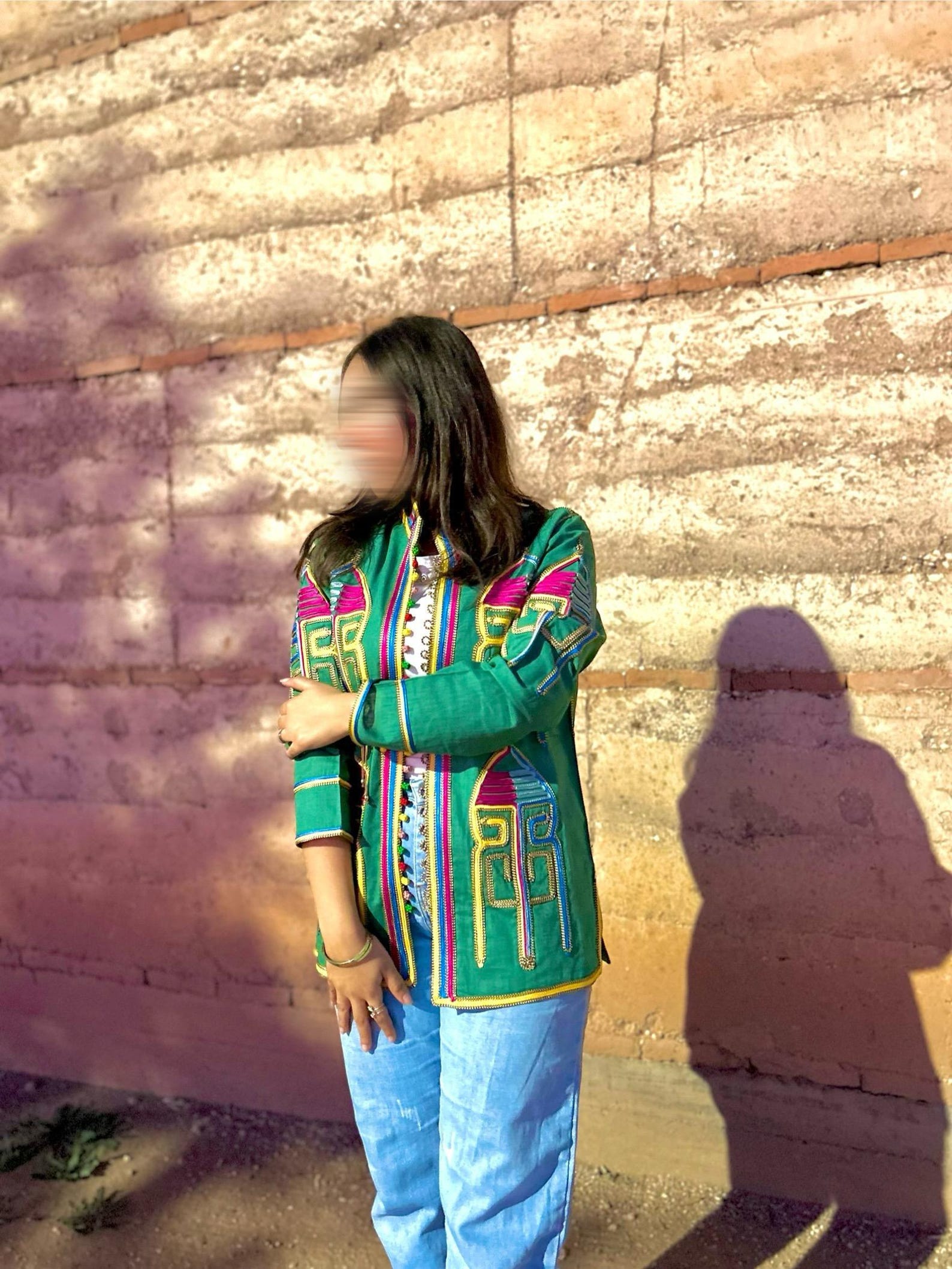 Amazigh Embroidered Green Linen Jacket Berber Boho Coat