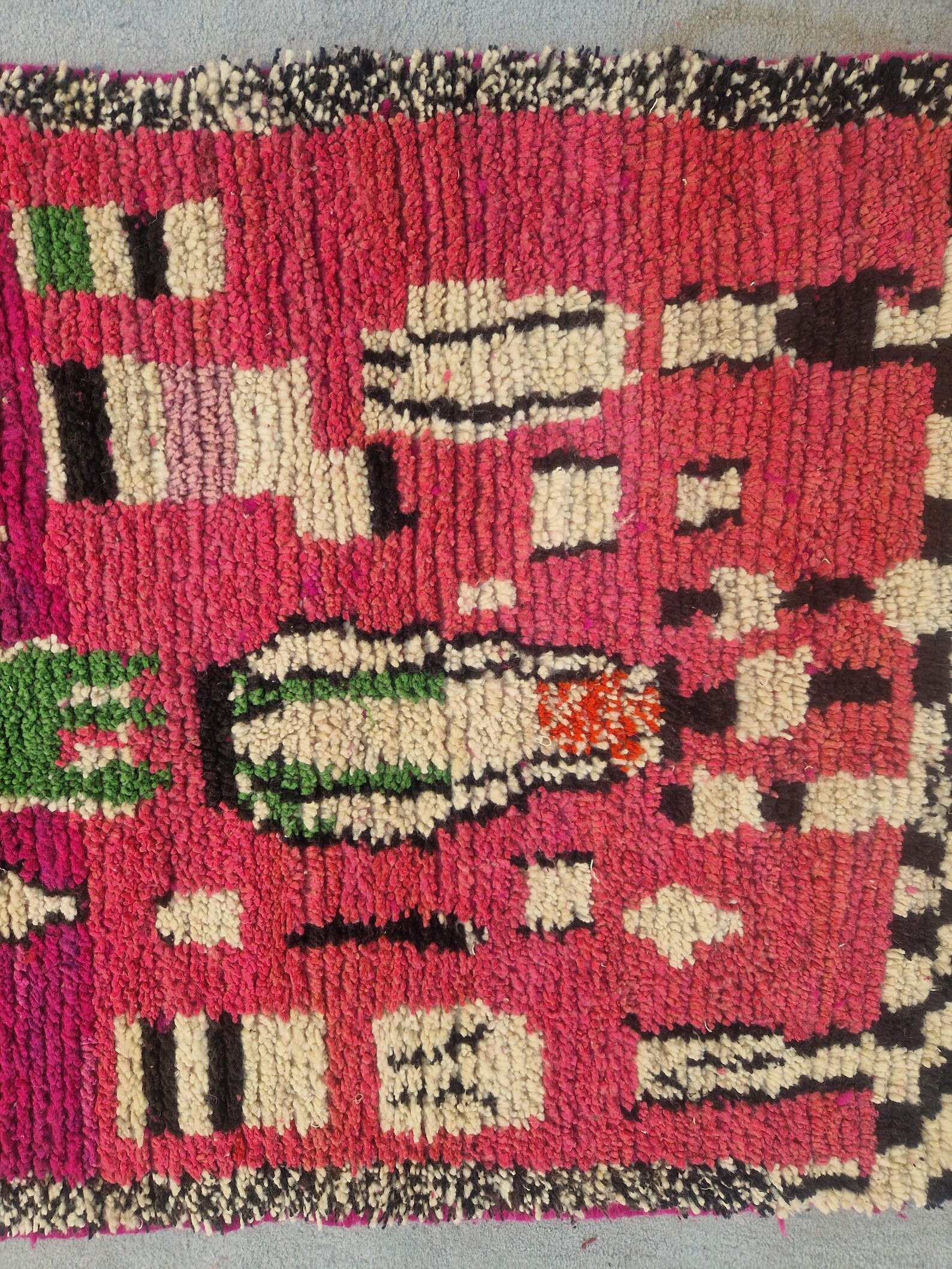 Fuchsia Pink Amazigh Berber Handmade Wool Boujad Rug with Mosaic Design