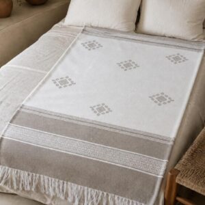 Amazigh Berber Cotton Blanket Taupe Throw with Fringe Bedspread