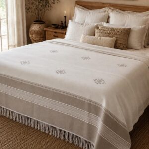 Amazigh Berber Cotton Blanket Taupe Throw with Fringe Bedspread