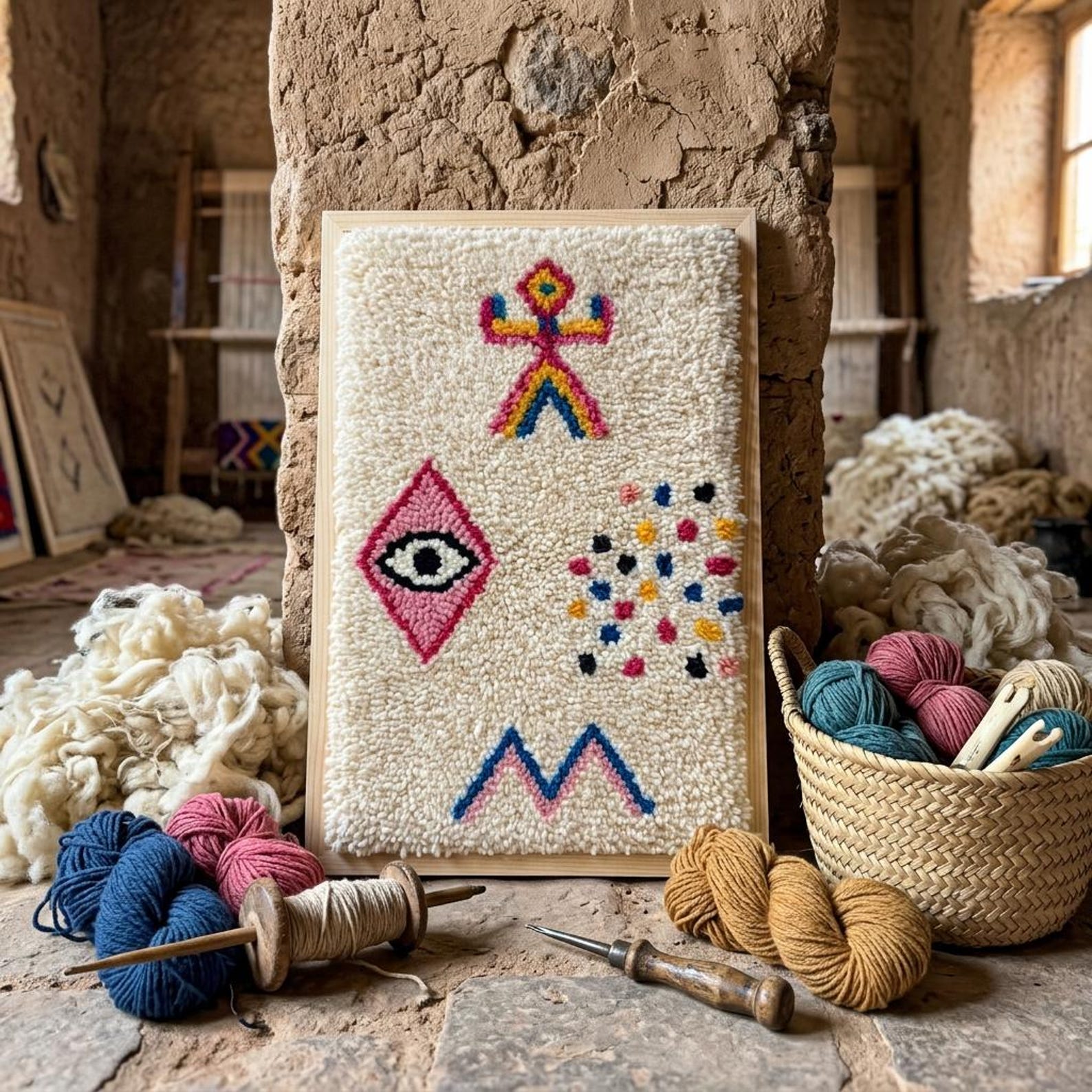 Berber Amazigh Knotted Wool Tapestry Protective Eye Symbol Wall Art