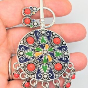 Amazigh Berber Kabyle Enamel Metal Fibula with Colorful Rosette Design