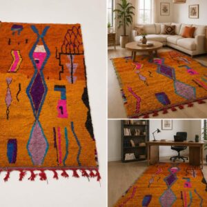 Berber Azilal Ochre Rust Diamond Wool Rug with Tribal Art Design