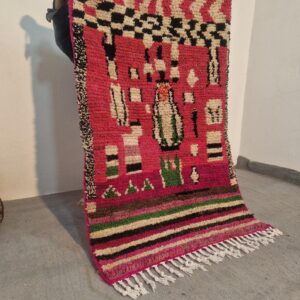 Fuchsia Pink Amazigh Berber Handmade Wool Boujad Rug with Mosaic Design