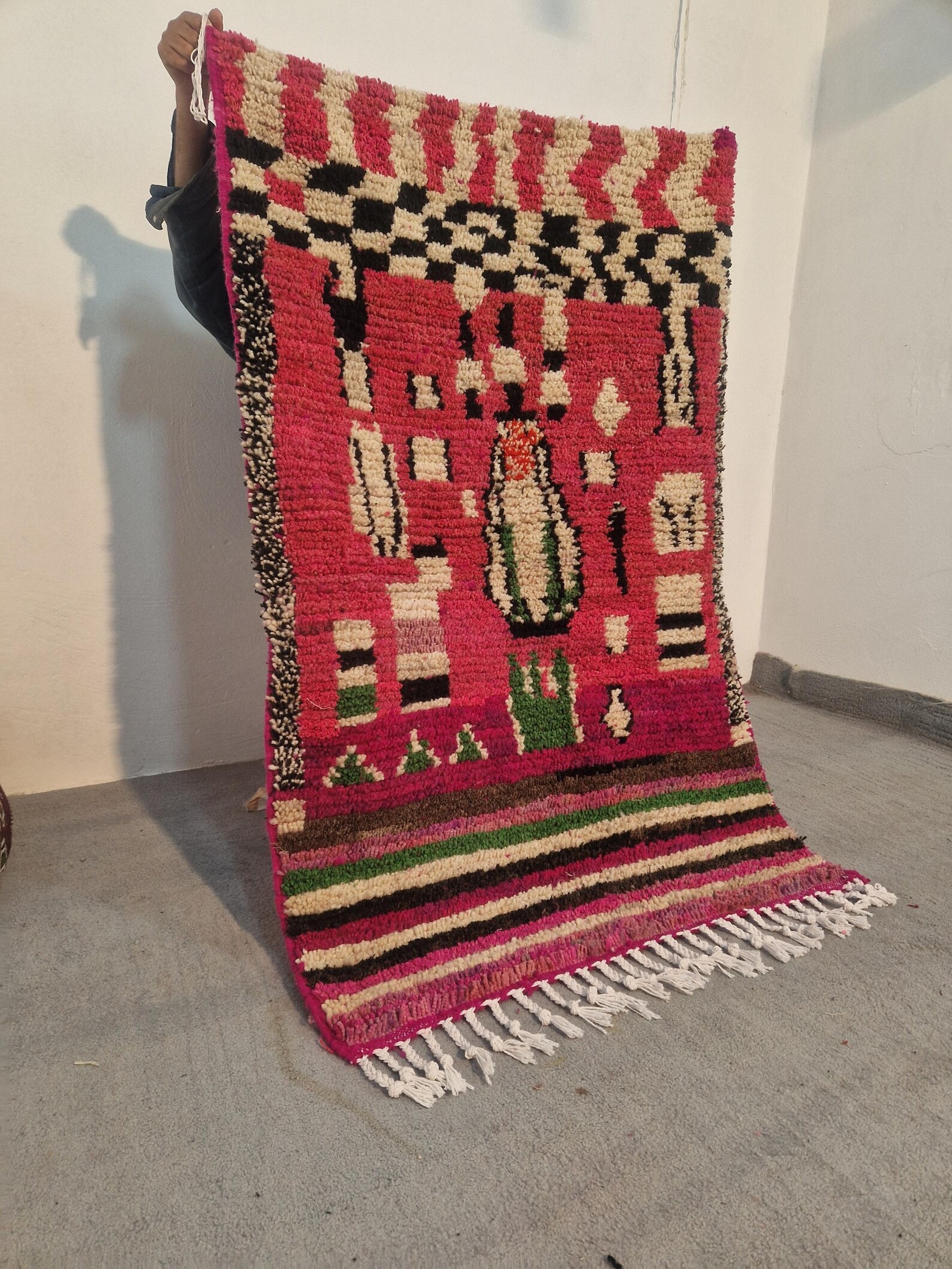Fuchsia Pink Amazigh Berber Handmade Wool Boujad Rug with Mosaic Design