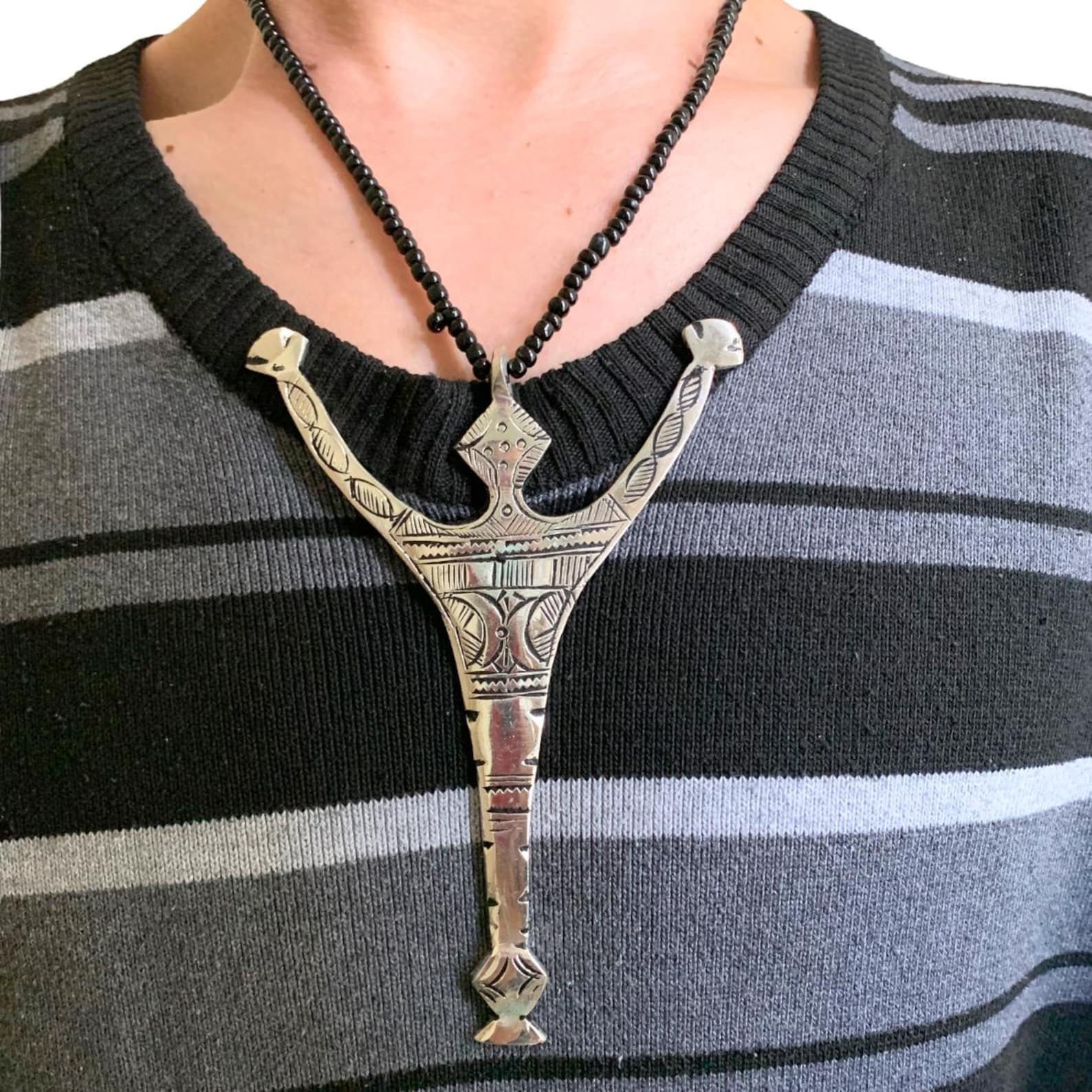 Berber Amazigh Handmade Tuareg Cross Necklace with Black Bead Chain