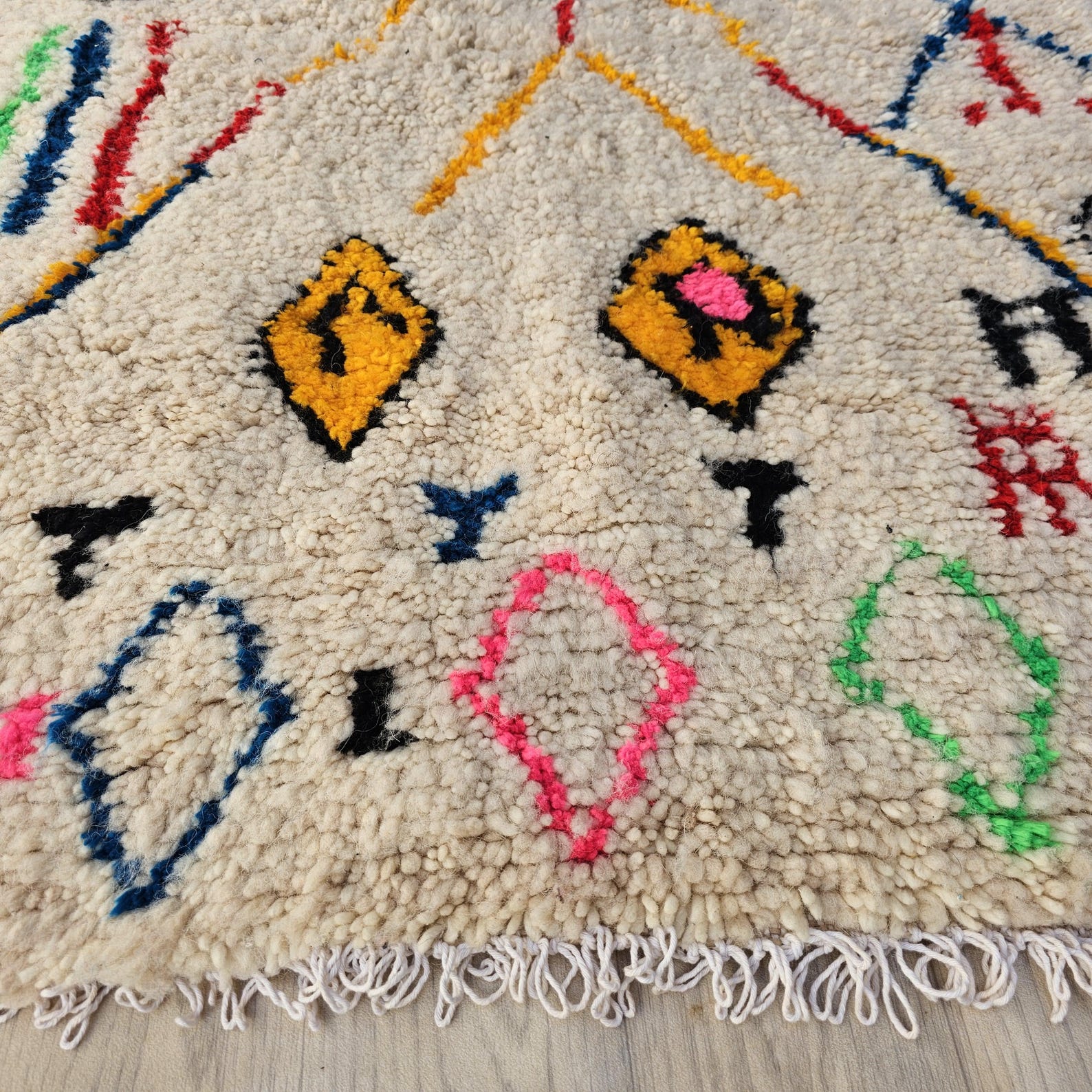 Colorful Berber Amazigh Azilal Beni Ourain Wool Rug Tribal Design