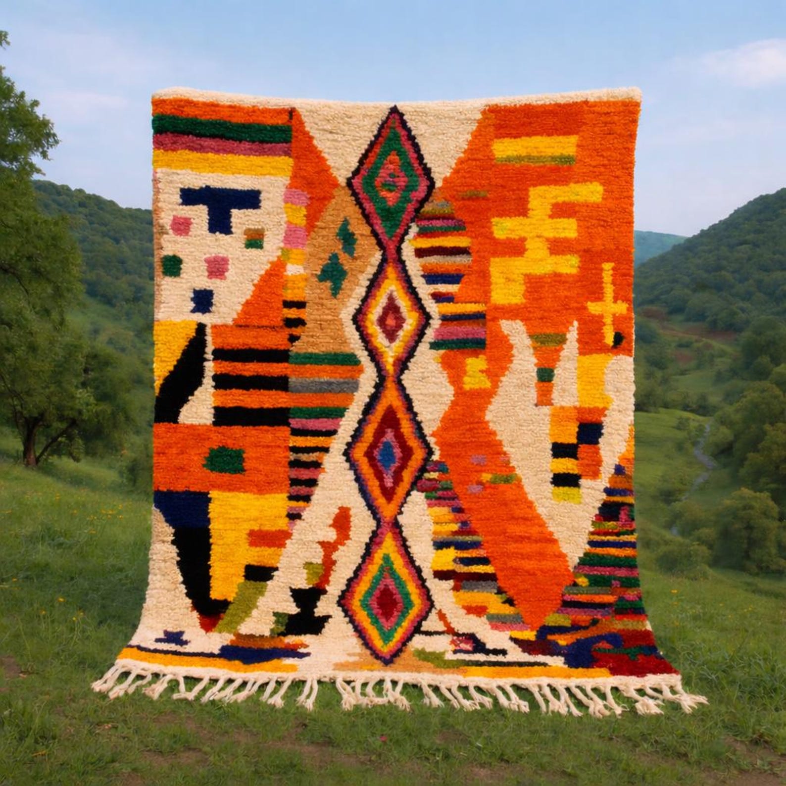 Amazigh Beni Ourain Handwoven Wool Rug with Geometric Patterns