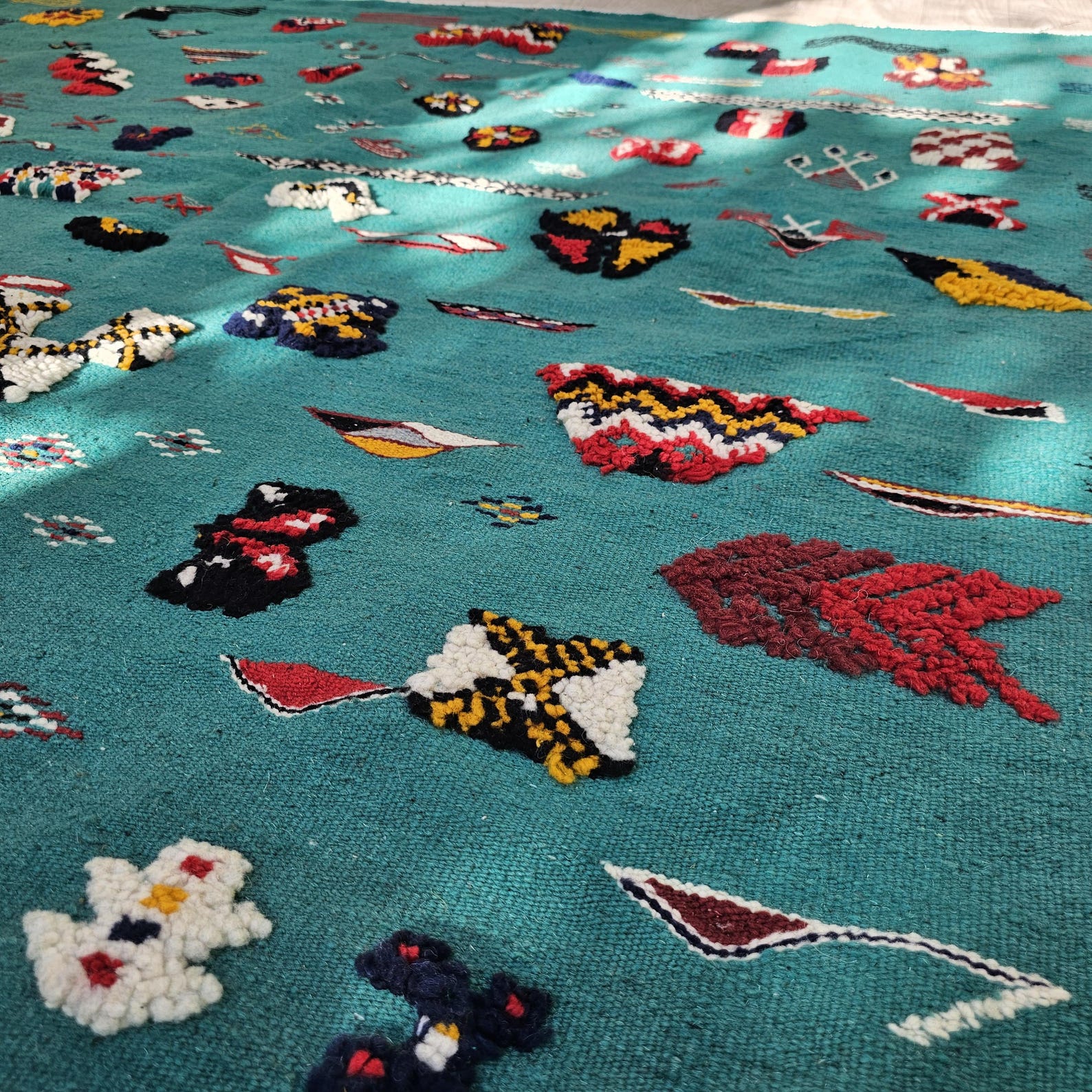 Amazigh Berber Colorful Teal Wool Rug with Tribal Symbols