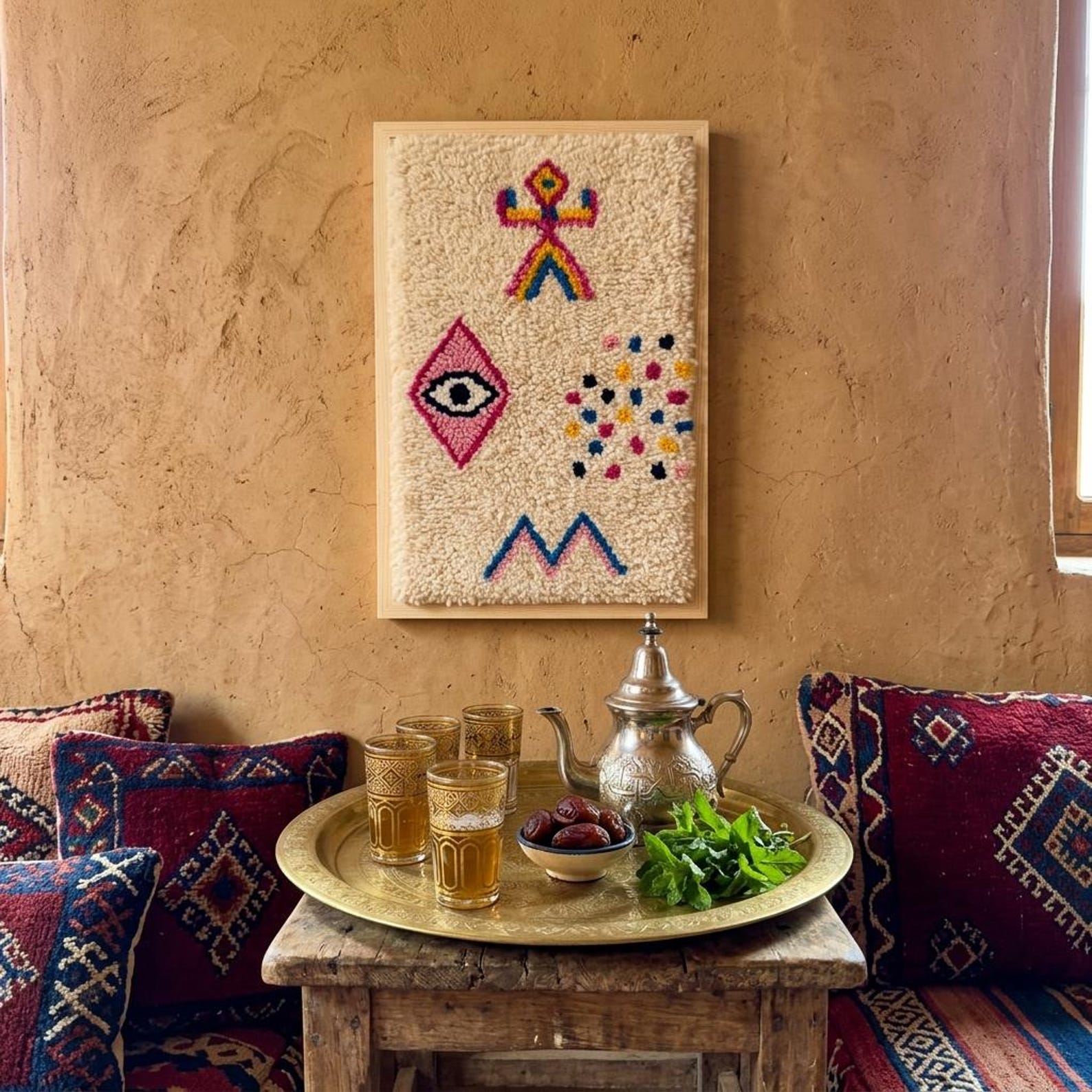Berber Amazigh Knotted Wool Tapestry Protective Eye Symbol Wall Art