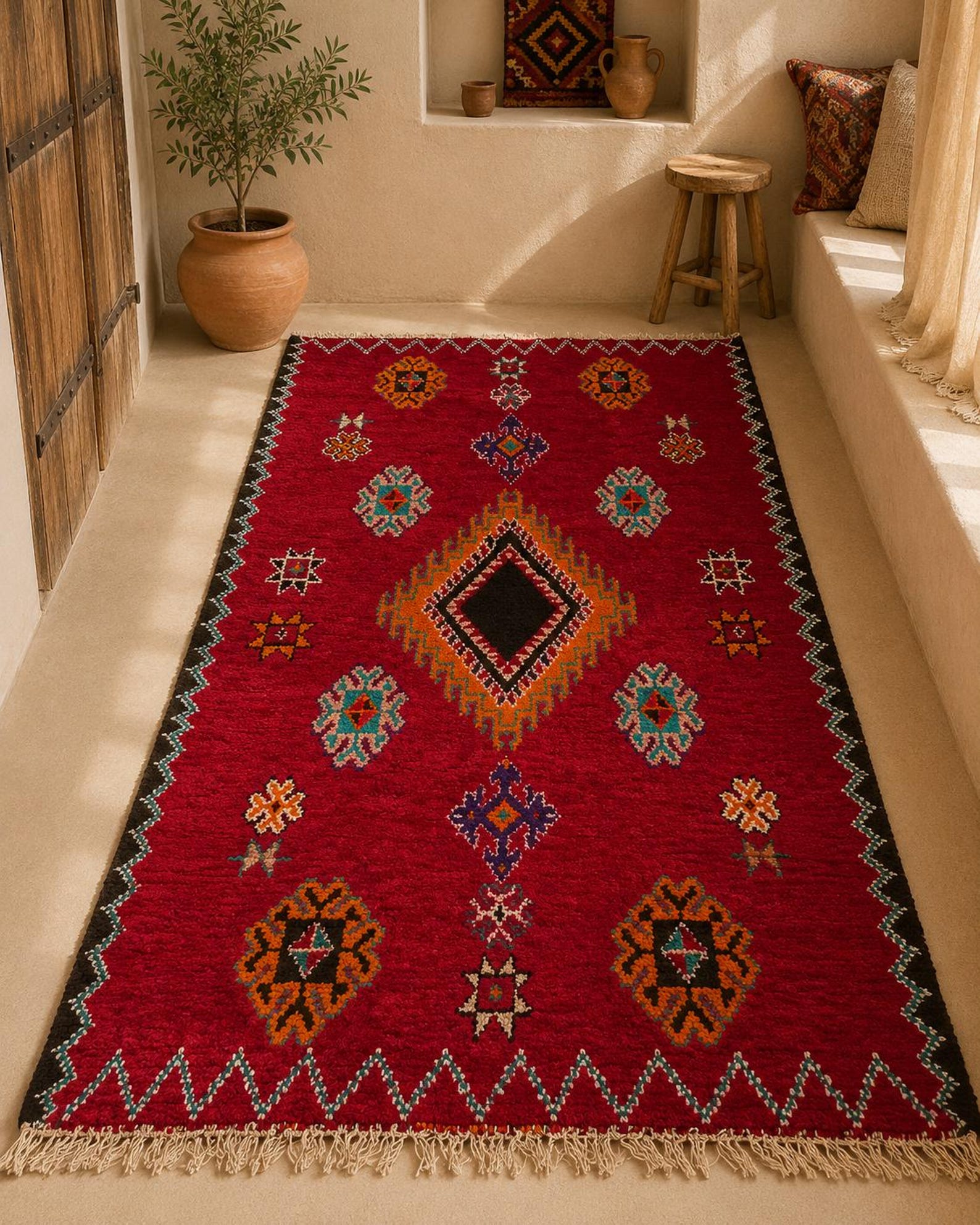 Amazigh Berber Vintage Red Wool Rug Handmade Tribal Carpet