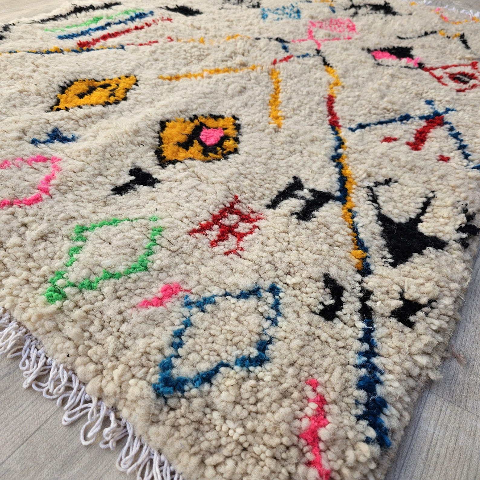 Colorful Berber Amazigh Azilal Beni Ourain Wool Rug Tribal Design