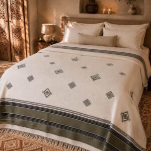 Amazigh Handwoven Cotton Blanket with Olive Border Bedspread Cover