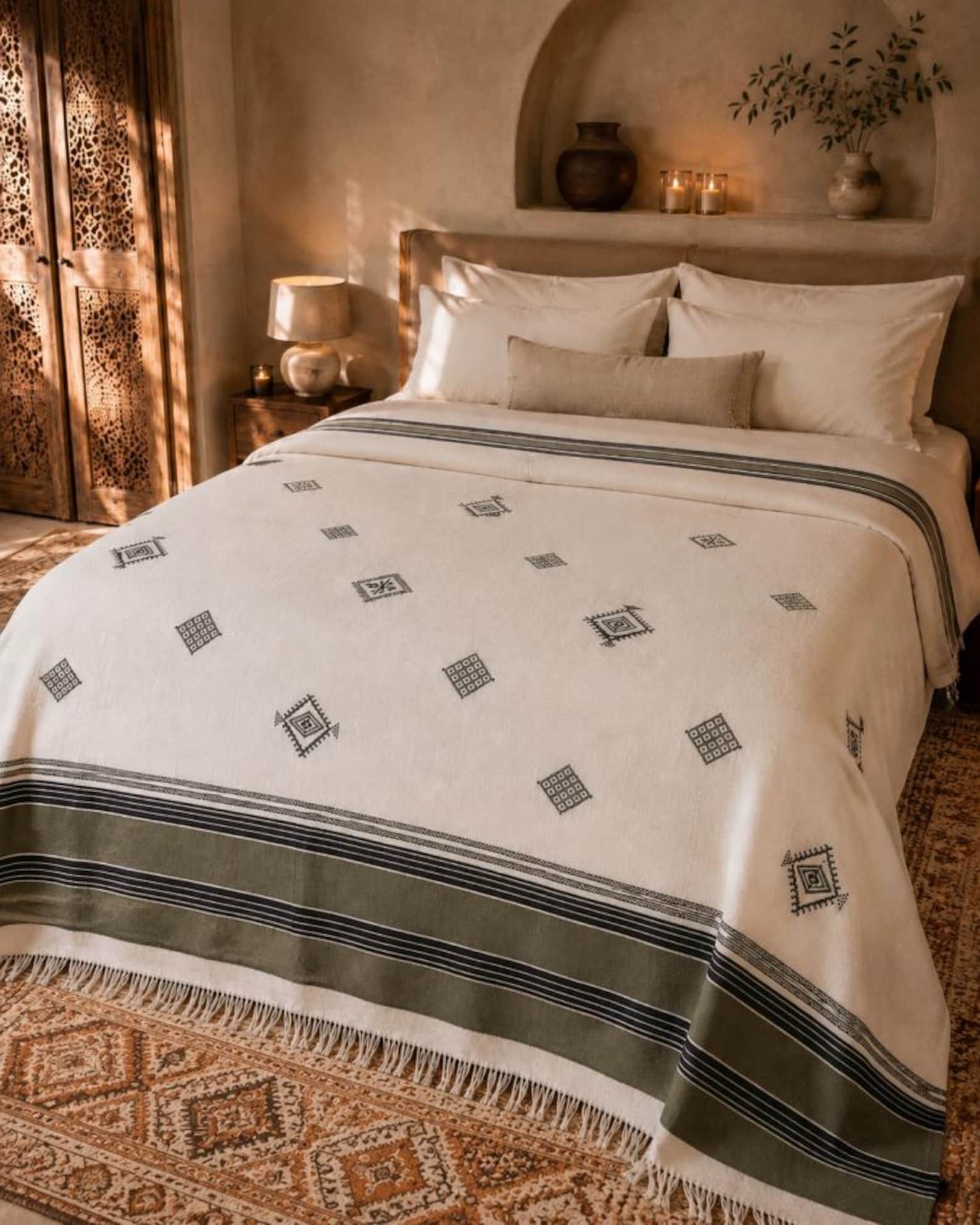 Amazigh Handwoven Cotton Blanket with Olive Border Bedspread Cover