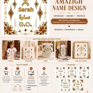 Amazigh Personalized Name Wall Art with Tifinagh Arabic English Design