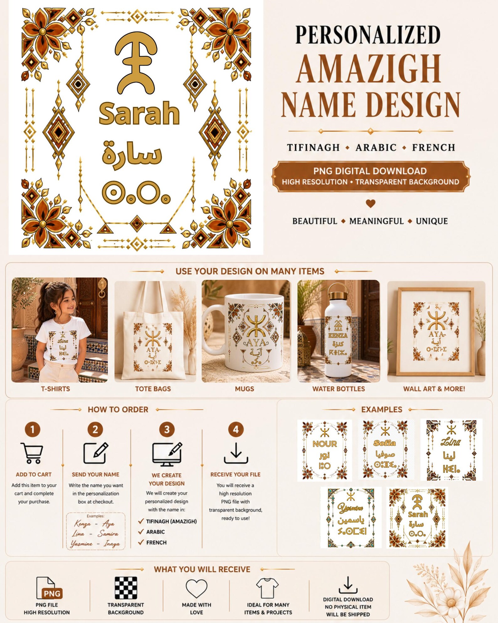 Amazigh Personalized Name Wall Art with Tifinagh Arabic English Design