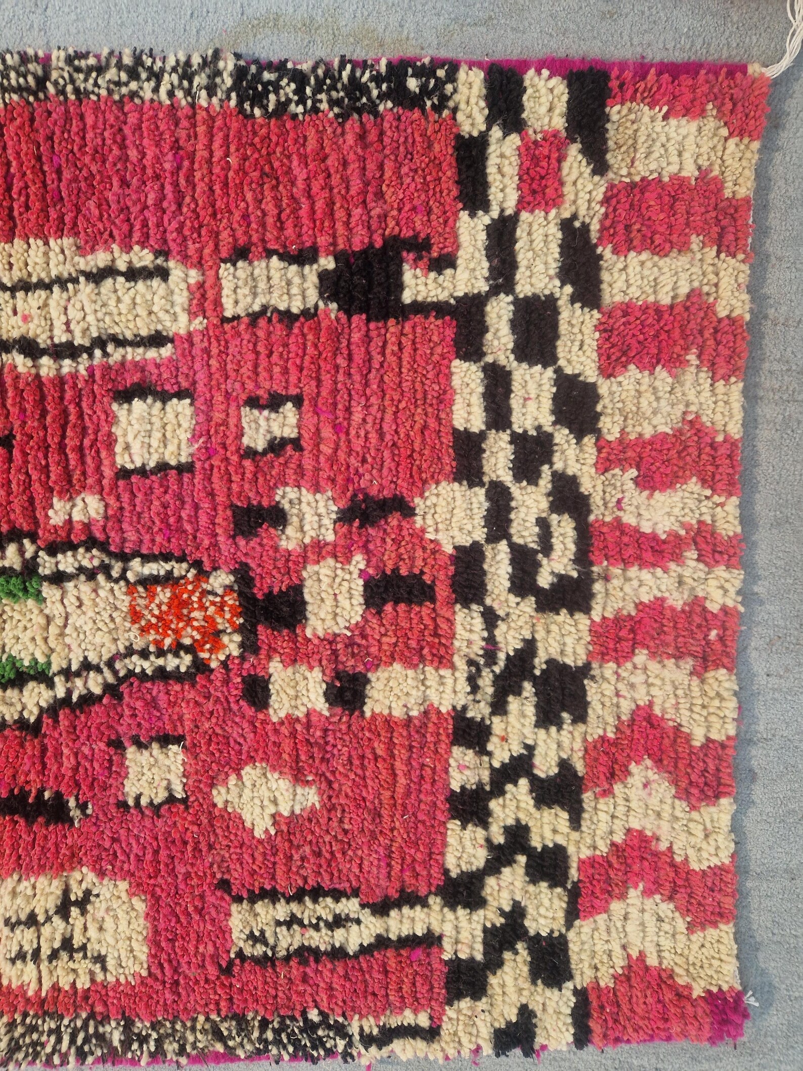 Fuchsia Pink Amazigh Berber Handmade Wool Boujad Rug with Mosaic Design