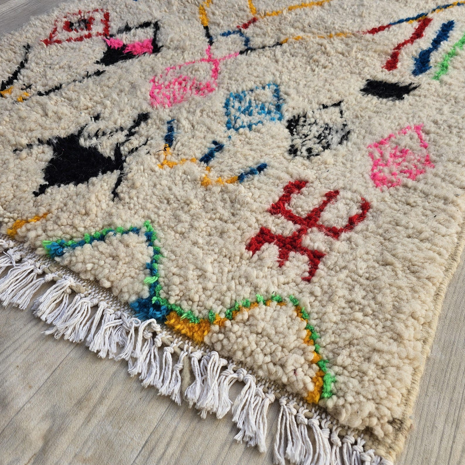 Colorful Berber Amazigh Azilal Beni Ourain Wool Rug Tribal Design