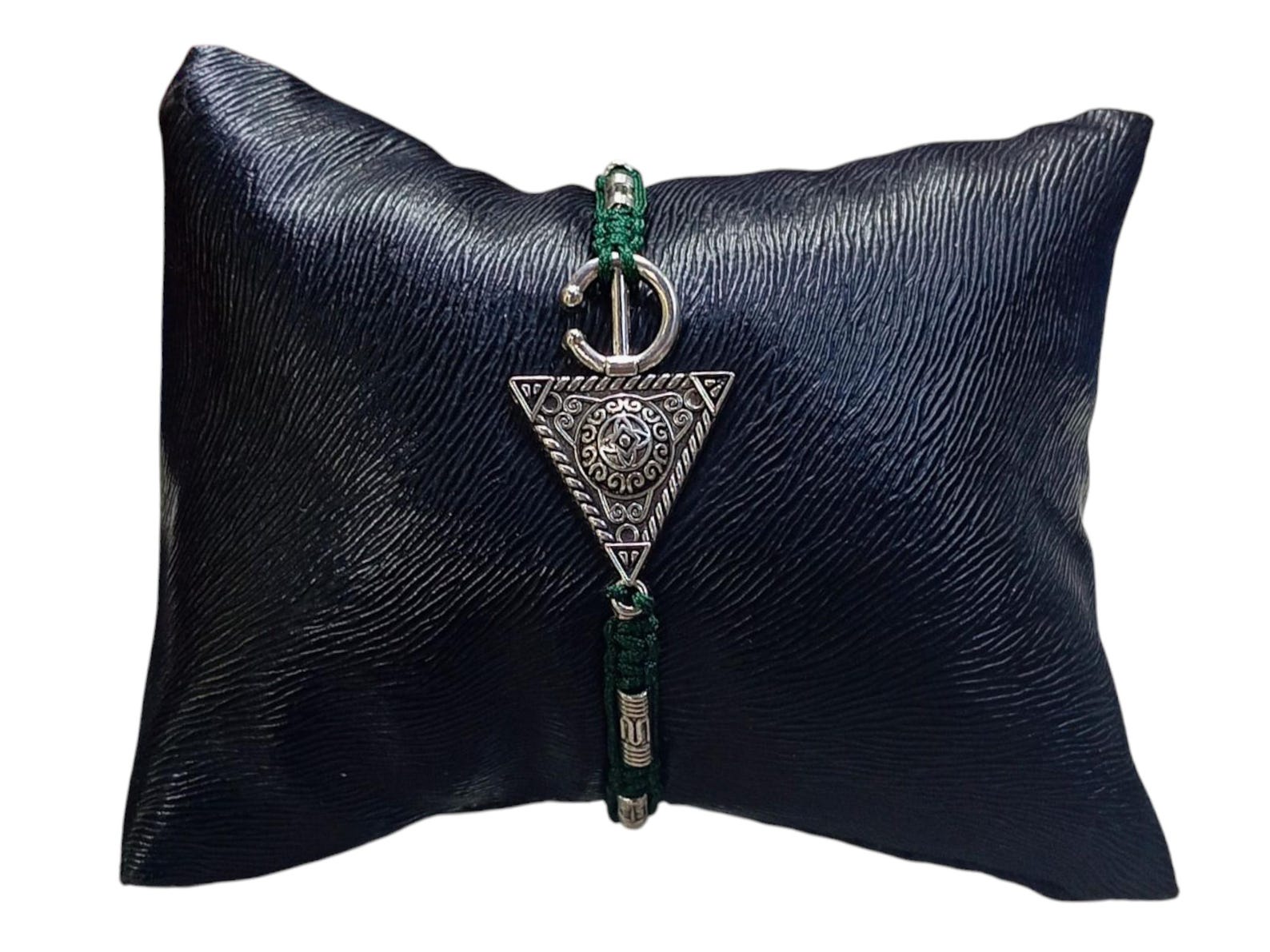 Amazigh Berber Triangle Stainless Steel Bracelet with Green Cord