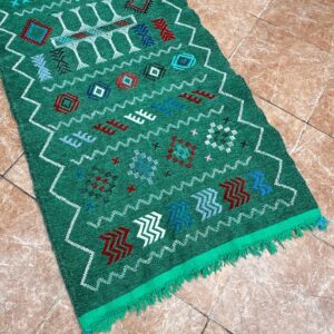 Amazigh Berber Green Handwoven Runner Rug with Geometric Patterns