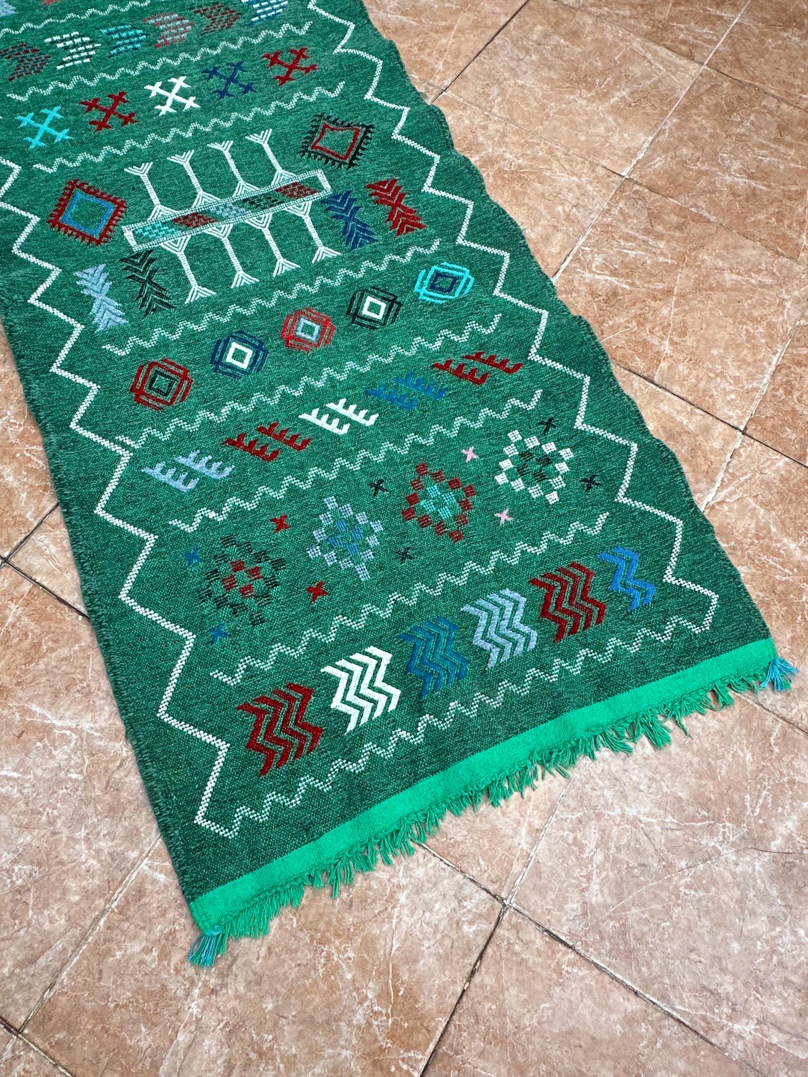 Amazigh Berber Green Handwoven Runner Rug with Geometric Patterns