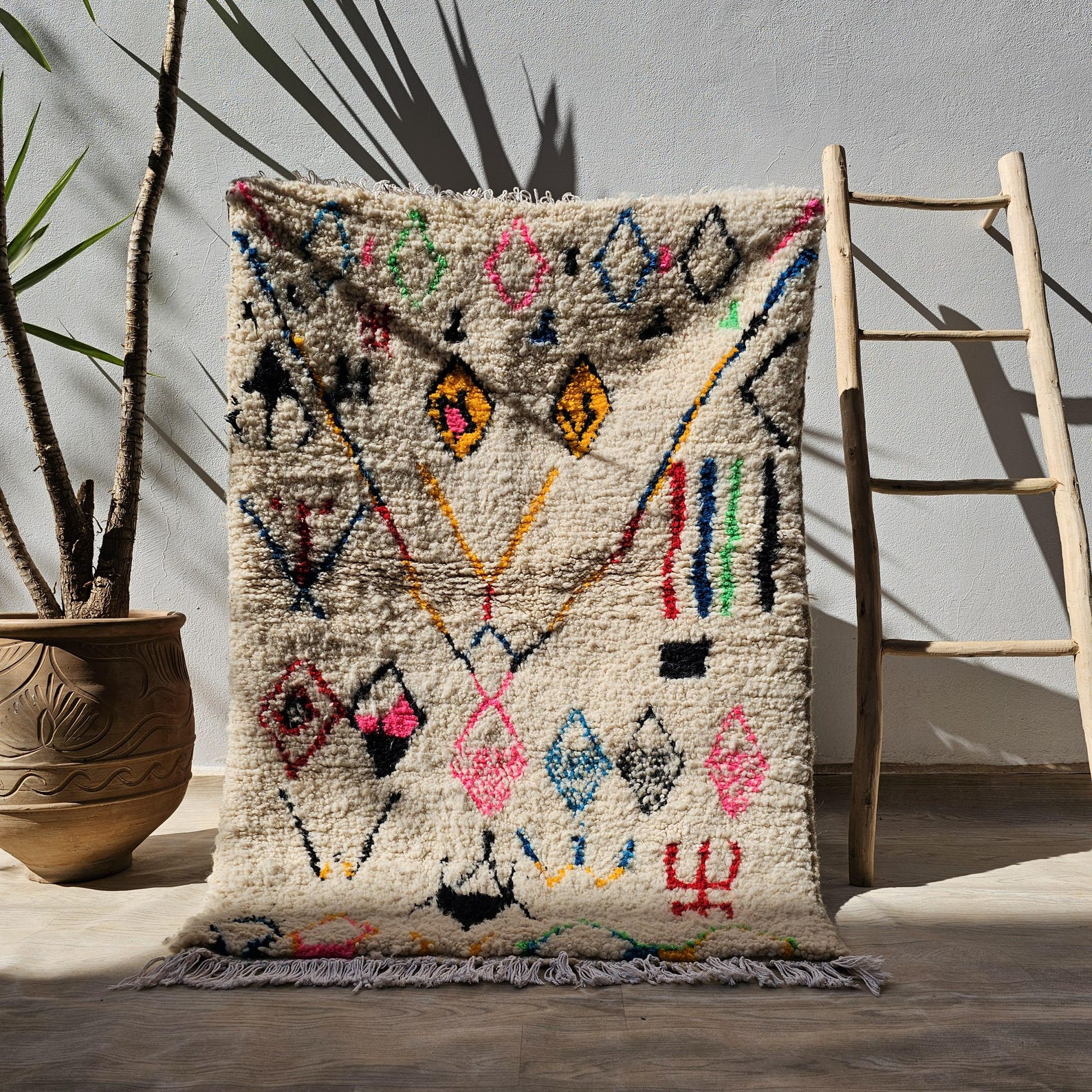 Colorful Berber Amazigh Azilal Beni Ourain Wool Rug Tribal Design