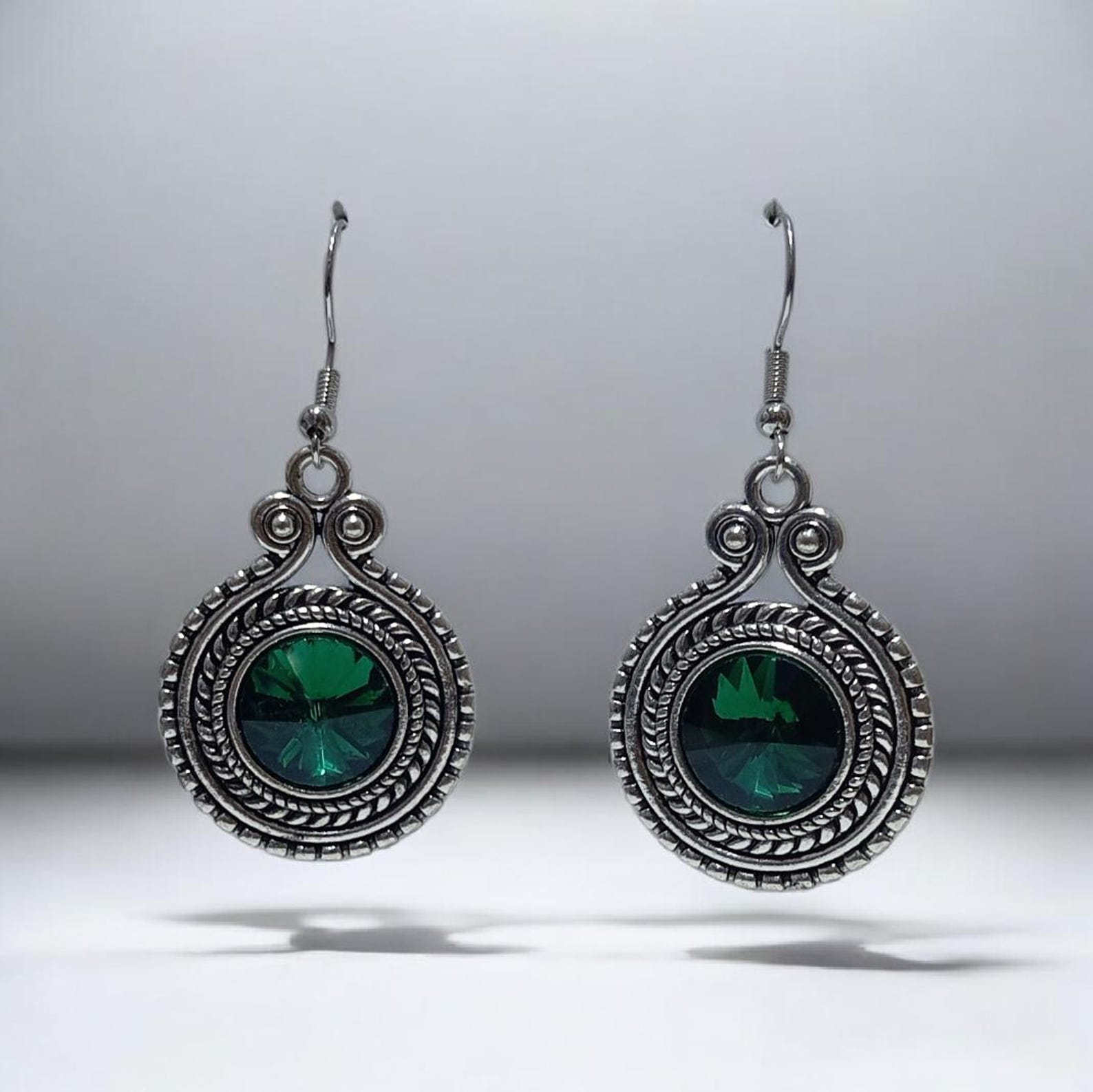 Amazigh Traditional Silver Plated Earrings with Green Stone