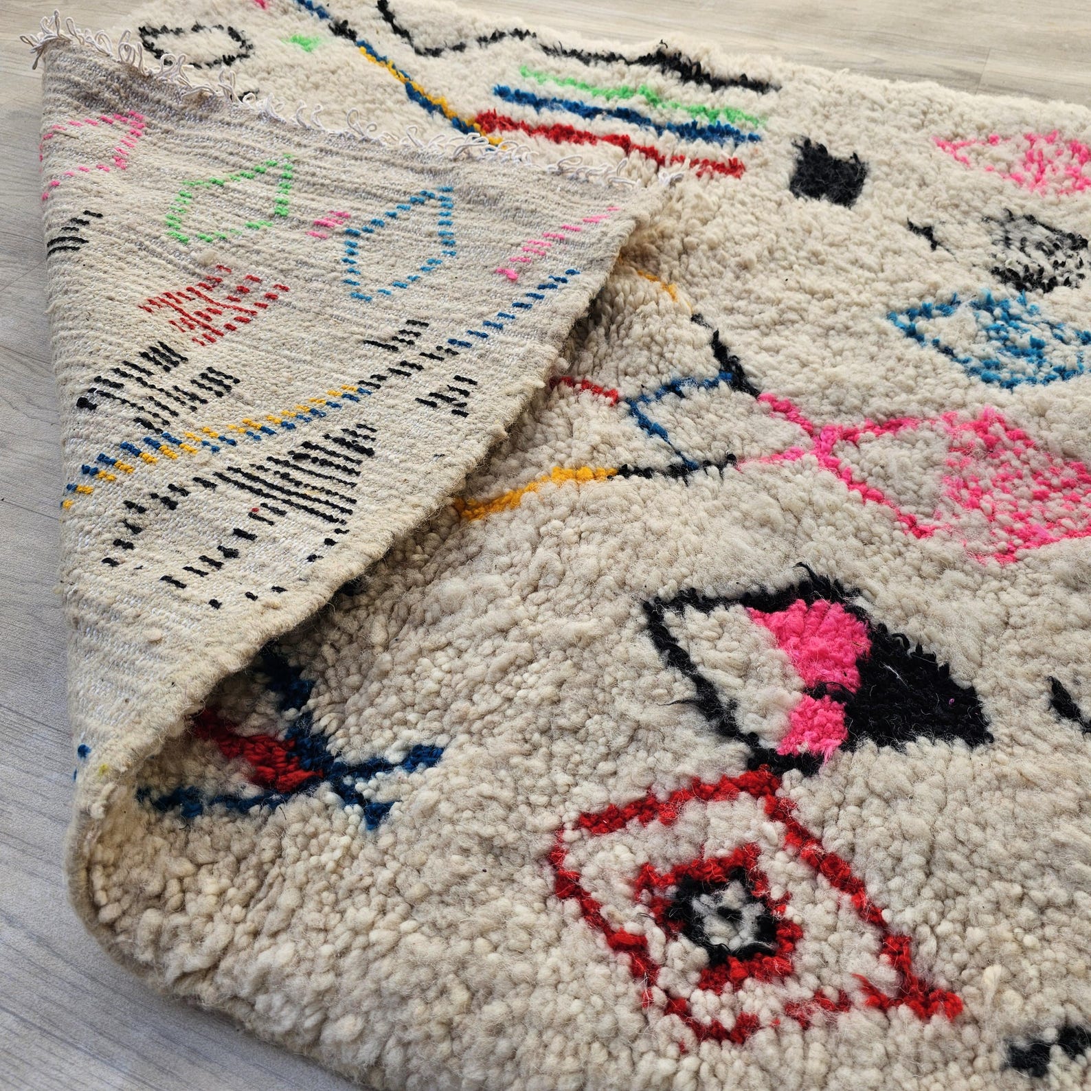 Colorful Berber Amazigh Azilal Beni Ourain Wool Rug Tribal Design