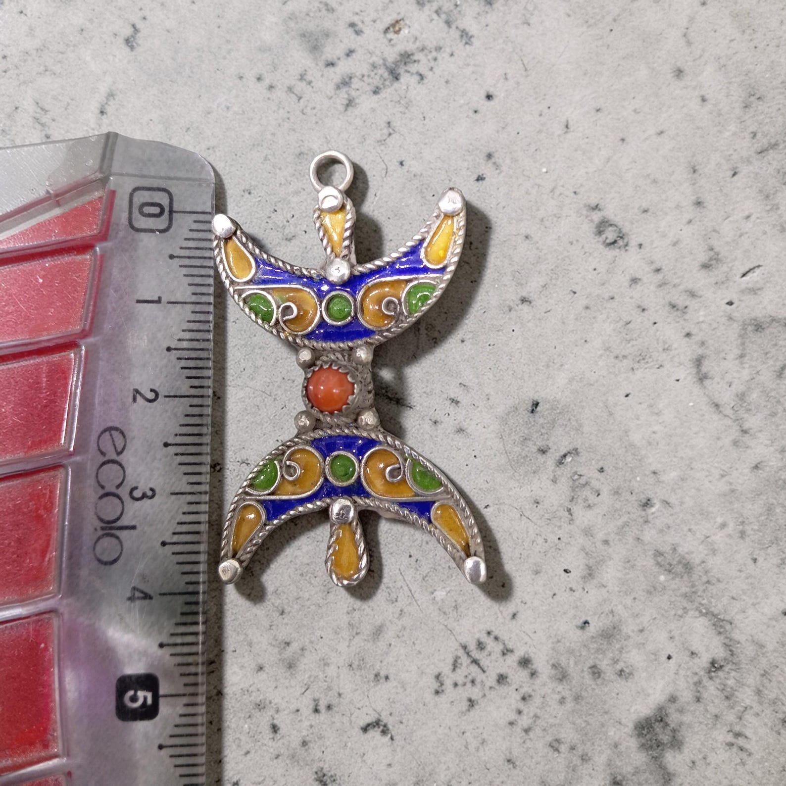 Handmade Tiznit Silver Amazigh Pendant Necklace with Berber Enamel Coral Design