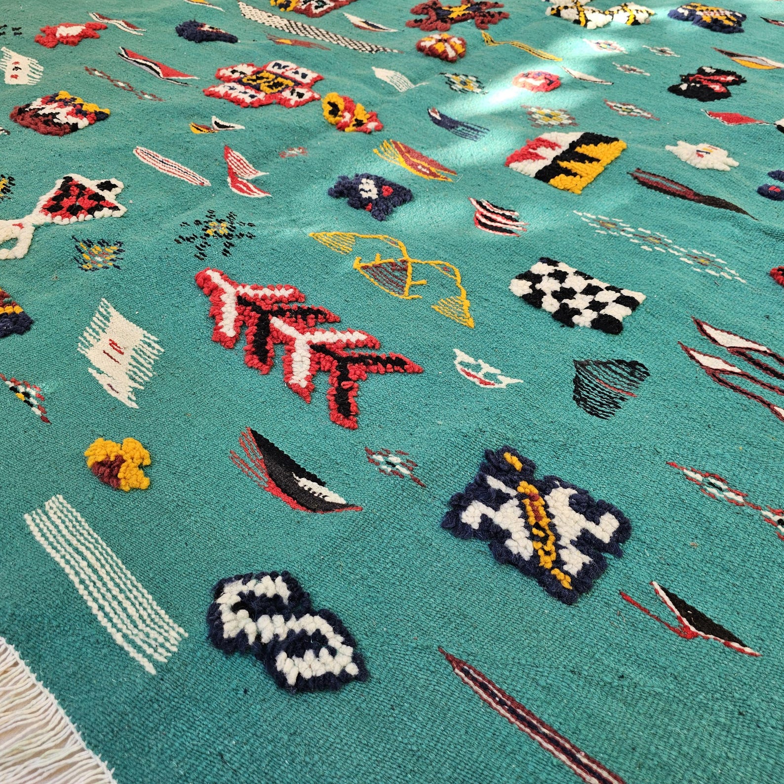 Amazigh Berber Colorful Teal Wool Rug with Tribal Symbols